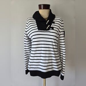 Ralph Lauren- Black & White Striped Women's Sweater with Toggle Collar. Size M